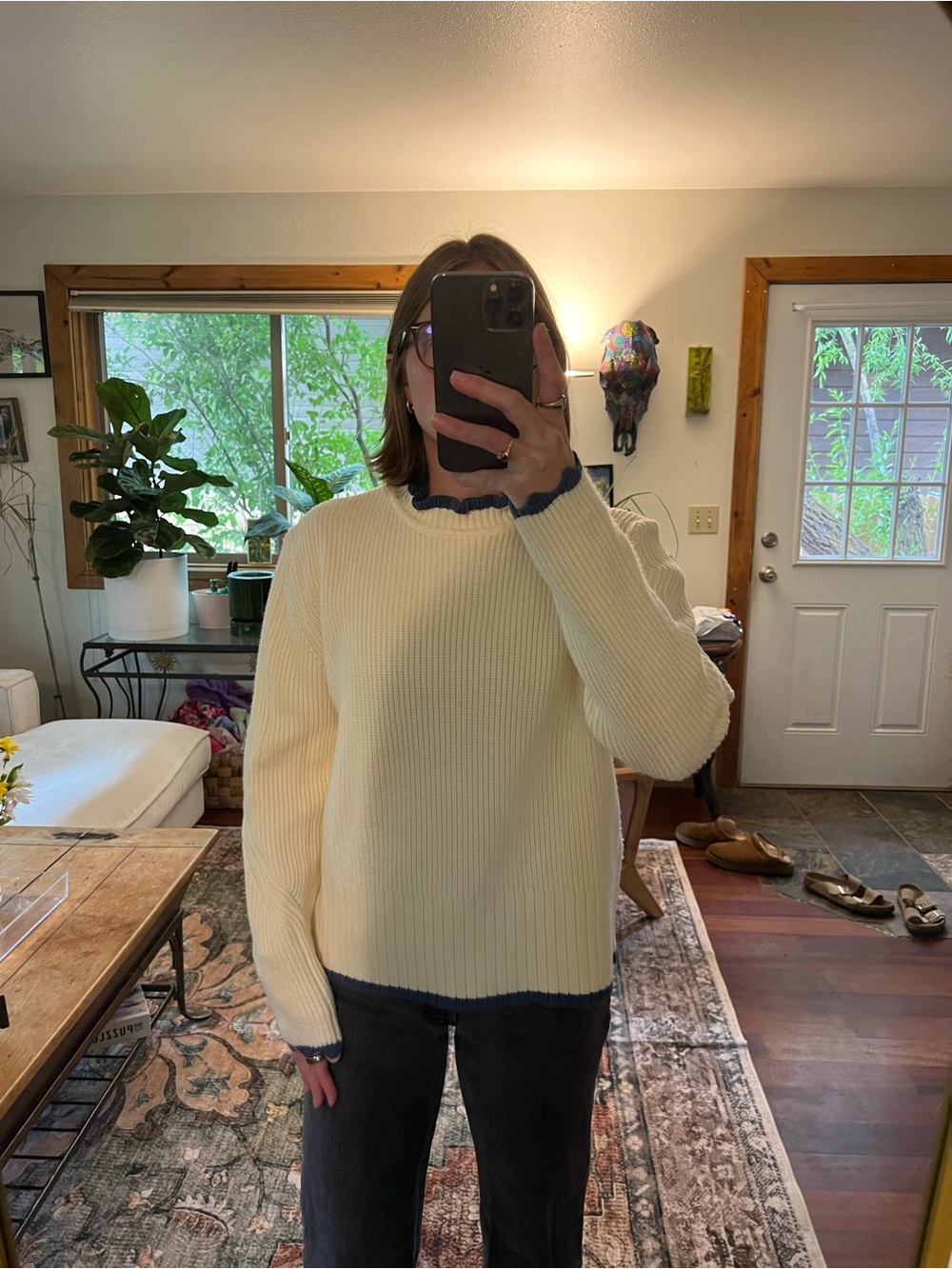 She + Sky Cream Ribbed Crewneck Sweater with Navy Trim